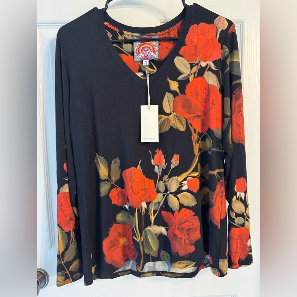 Johnny Was Black Long Sleeve V-Neck Top with Red Rose Print